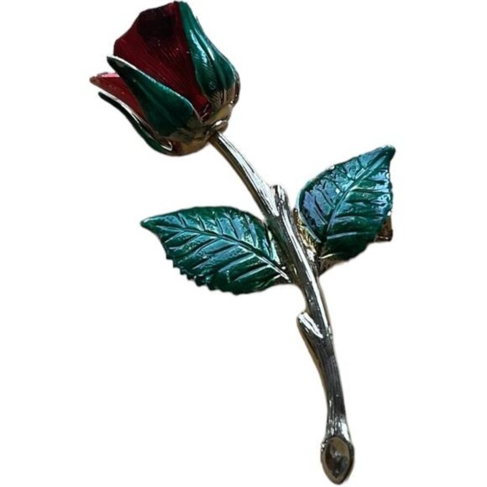 Vintage Metal Painted Red & Green Rose Brooch Pin